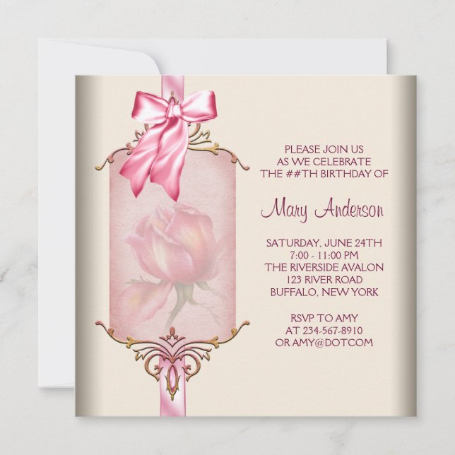 Invitation Fête d'anniversaire de femme Rose Rose Pink (Devant)