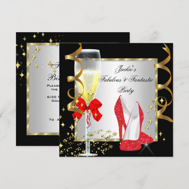 Invitation Fête d'anniversaire de femme Rouge Noir Argent (Devant / Derrière)