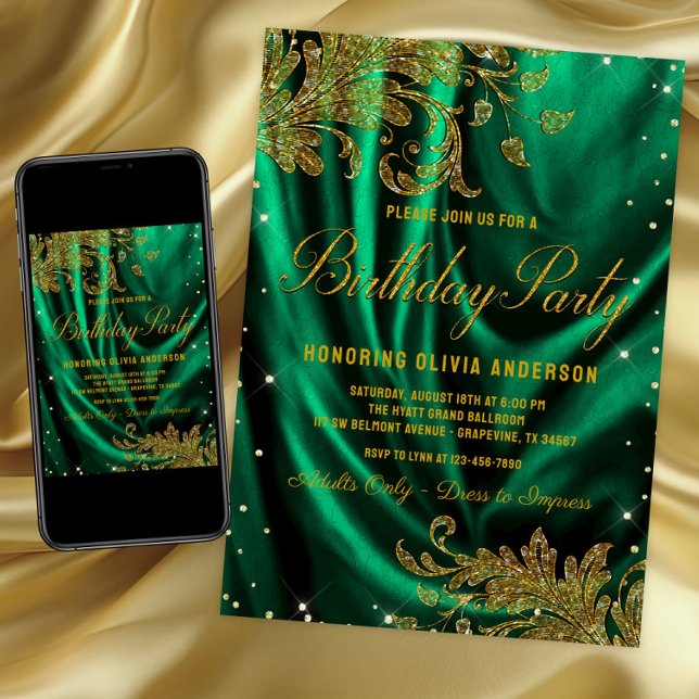 Invitation Fête d'anniversaire de femme vert émeraude or (Womans emerald green and gold birthday party invitation for any number birthday. Digital and print.)