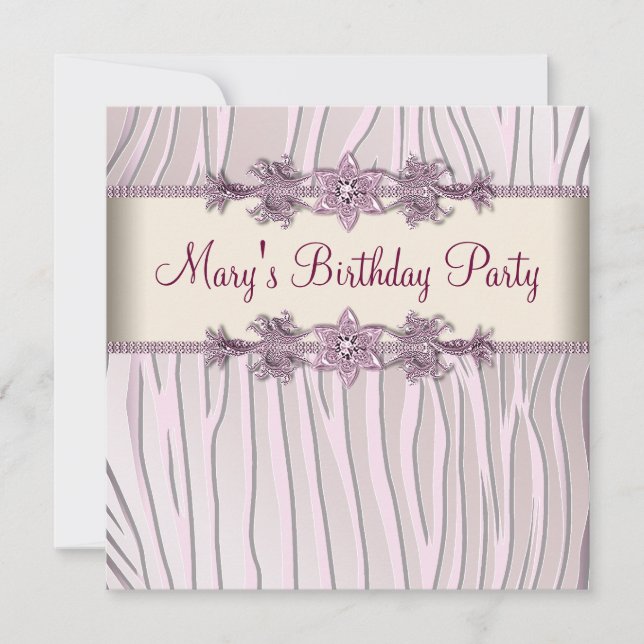Invitation Fête d'anniversaire de femme Zèbre Rose (Devant)