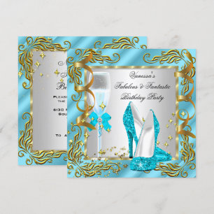Invitation Fête d'anniversaire de femmes Bleu Sarcelle Or Arg