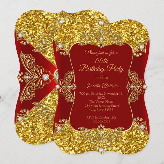 Invitation Fête d'anniversaire de femmes rouges Paillettes Di (Devant / Derrière)