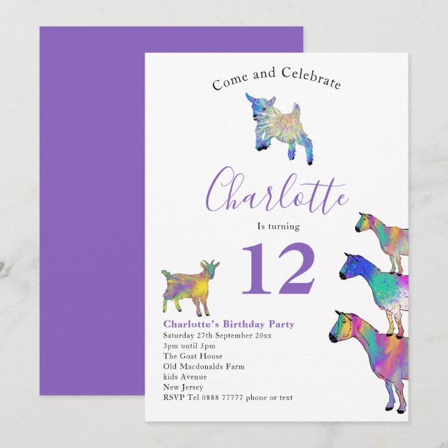 Invitation Fête d'anniversaire de ferme de chèvres Violet (Devant / Derrière)