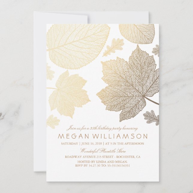 Invitation Fête d'anniversaire de feuilles blanches et dorées (Devant)