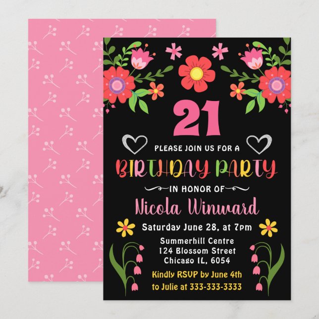 Invitation Fête d'anniversaire de Fiesta Florale Mexicaine Lu (Devant / Derrière)
