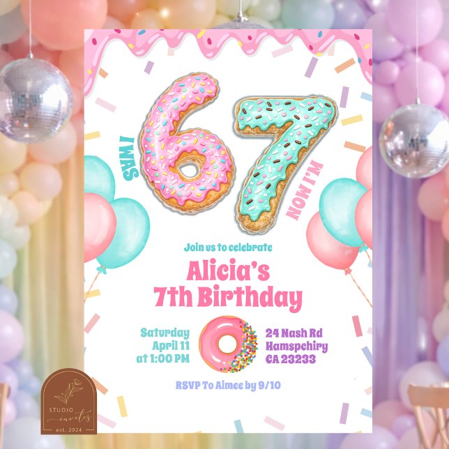 Invitation Fête d'anniversaire de fille 67 au donut pastel (Créateur téléchargé)