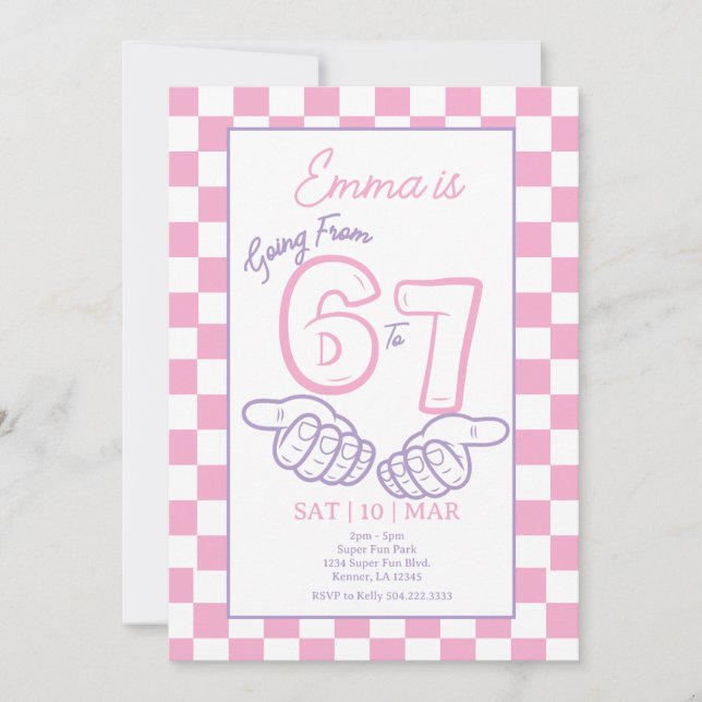 Invitation Fête d'anniversaire de fille 6 7 Mème Damier Rose (Devant)