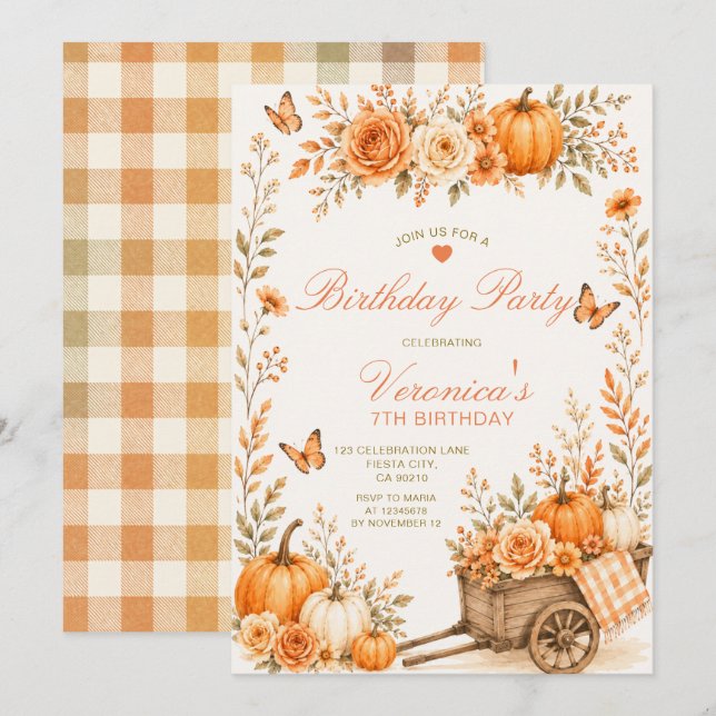 Invitation Fête d'anniversaire de fille à la citrouille Flora (Devant / Derrière)