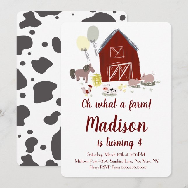 Invitation Fête d'anniversaire de fille à la ferme de vaches  (Devant / Derrière)