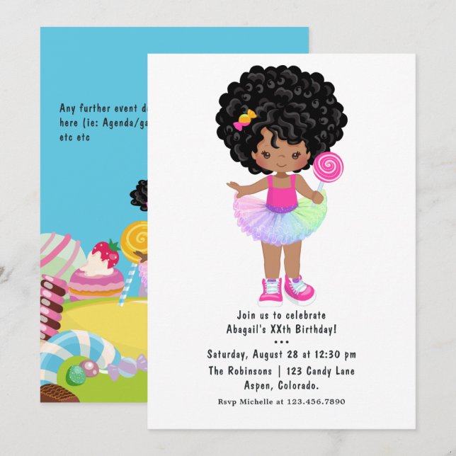 Invitation Fête d'anniversaire de fille African American Cand (Devant / Derrière)