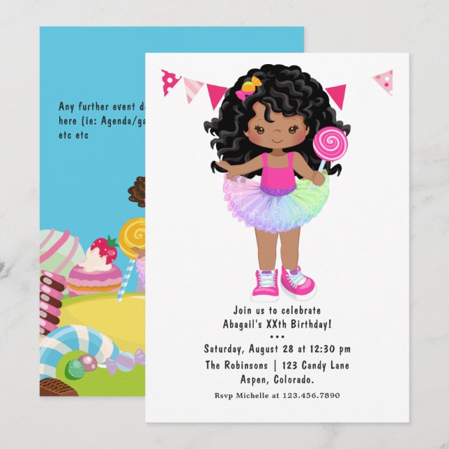 Invitation Fête d'anniversaire de fille afro-américaine Candy (Devant / Derrière)