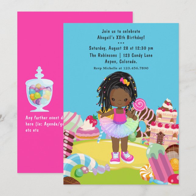 Invitation Fête d'anniversaire de fille afro-américaine Candy (Devant / Derrière)