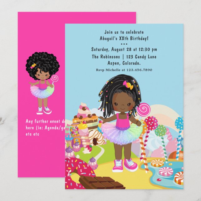 Invitation Fête d'anniversaire de fille afro-américaine Candy (Devant / Derrière)