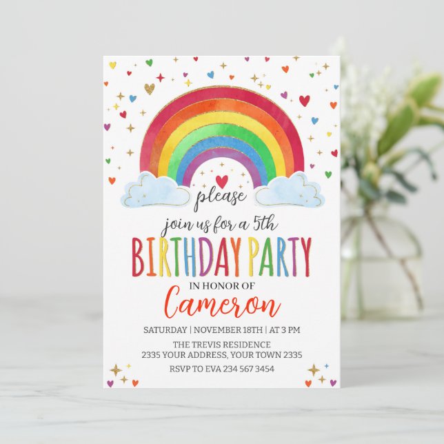 Invitation Fête d'anniversaire de fille arc-en-ciel aquarelle (Debout devant)