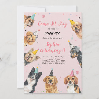 Invitation Fête d'anniversaire de fille au chiot rose