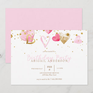 Invitation Fête d'anniversaire de fille au cœur rose