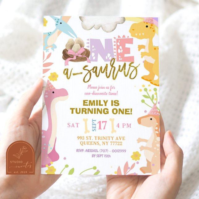 Invitation Fête d'anniversaire de fille au dinosaure A-Saurus (Créateur téléchargé)