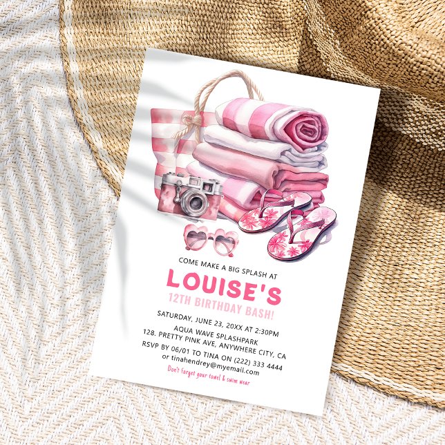 Invitation Fête d'anniversaire de fille au Pretty Pink Pool P (Créateur téléchargé)