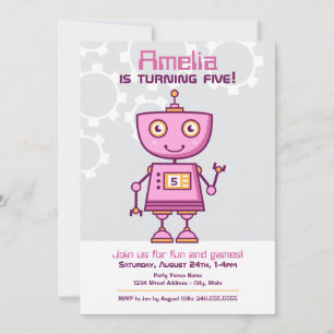 Invitation Fête d'anniversaire de fille au robot rose