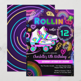 Invitation Fête d'anniversaire de fille au roller skate néon