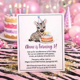 Invitation Fête d'anniversaire de fille au safari rose Zèbre 