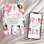Invitation Fête d'anniversaire de fille au spa<br><div class="desc">Célébrez ce jour spécial avec style grâce à cette magnifique invitation de fête d'anniversaire de fille sur le thème du spa ! Avec des paillettes dorées luxueuses, des images aquarelles enchantées de nuances de rose et de maquillage pêche, et des cœurs éparpillés fantaisistes, ce modèle moderne est parfait pour personnaliser...</div>