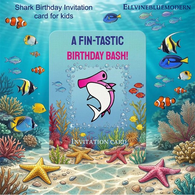 Invitation Fête d'anniversaire de fille avec aileron de requi (5" x 7" pink hammerhead shark birthday invitation template for kids’ pool parties.)