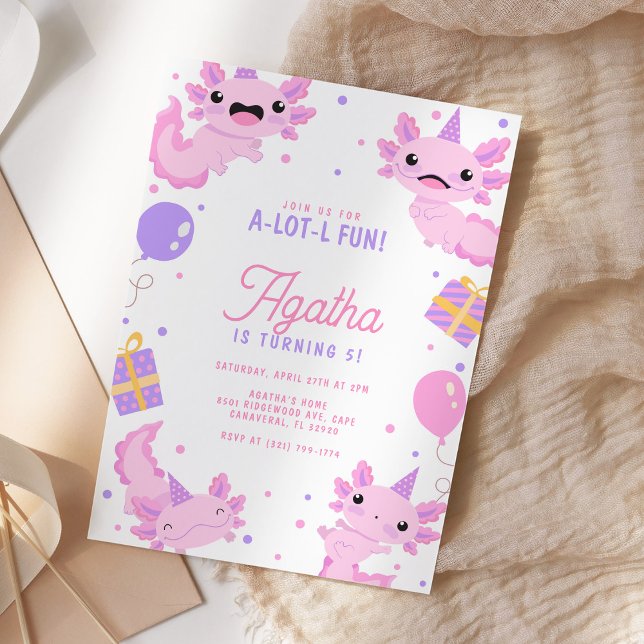 Invitation Fête d'anniversaire de fille avec Axolotl Rose Mig (Créateur téléchargé)