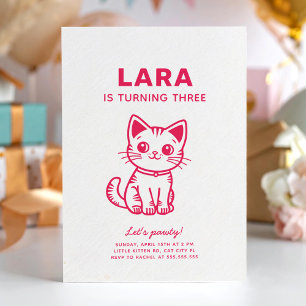 Invitation Fête d'anniversaire de fille avec chaton de couleu