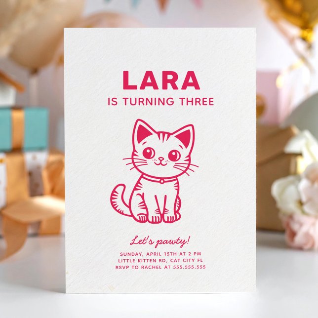 Invitation Fête d'anniversaire de fille avec chaton de couleu (Créateur téléchargé)