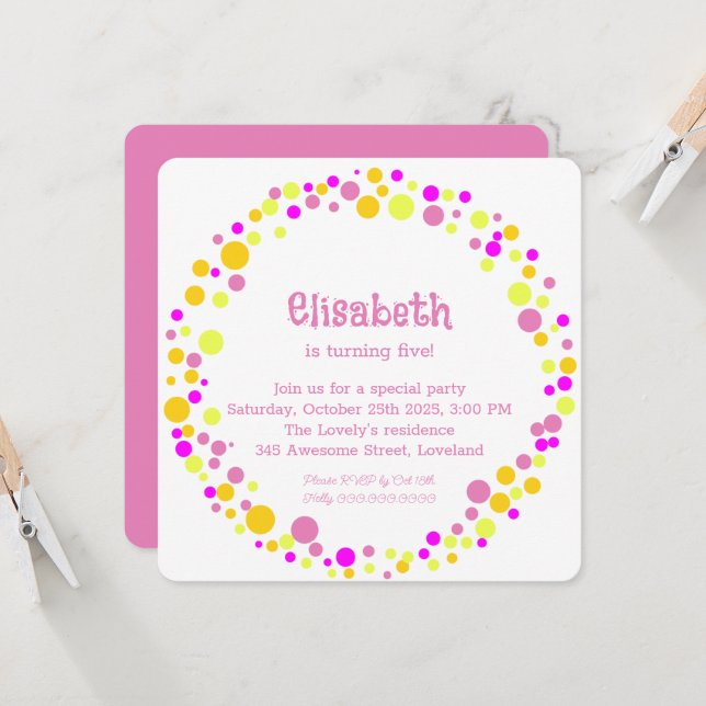 Invitation Fête d'anniversaire de fille avec confettis roses  (Devant/Arrière en situation)