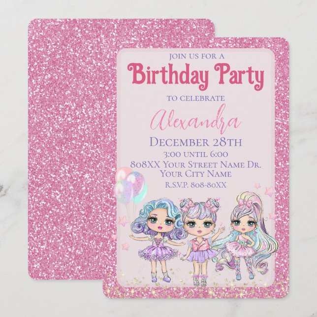Invitation Fête d'anniversaire de fille avec poupées scintill (Devant / Derrière)