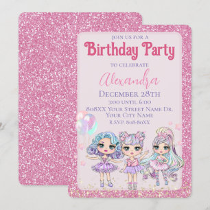 Invitation Fête d'anniversaire de fille avec poupées scintill