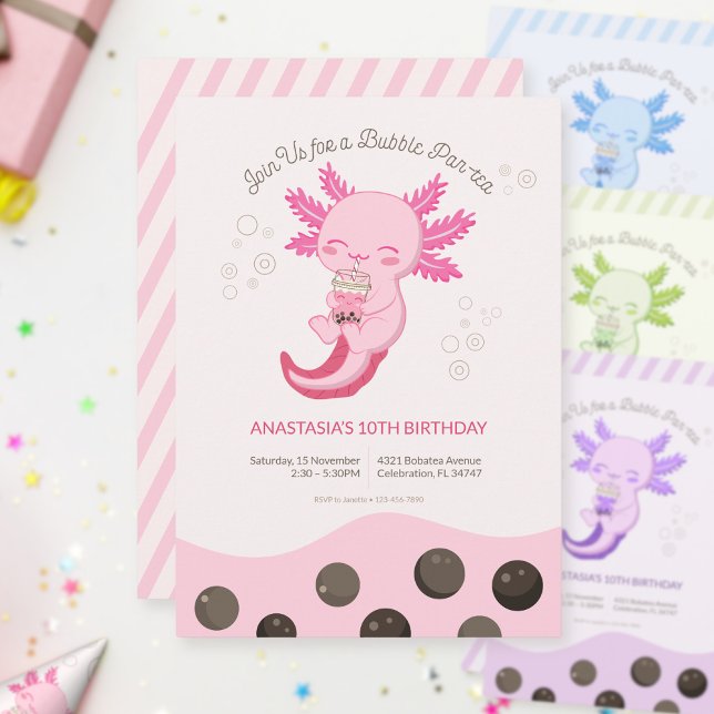 Invitation Fête d'anniversaire de fille avec un Axolotl Rose  (Créateur téléchargé)