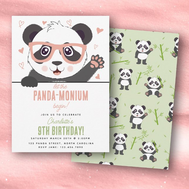 Invitation Fête d'anniversaire de fille avec un ours panda ka (Cute Panda Bear Kawaii Girl Birthday Party Invitation)