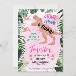 Invitation Fête d'anniversaire de fille avec un T Rex dinosau