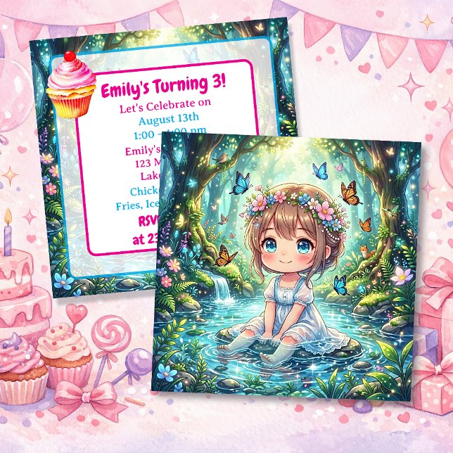 Invitation Fête d'anniversaire de fille Chibi mignonne dans u (Créateur téléchargé)