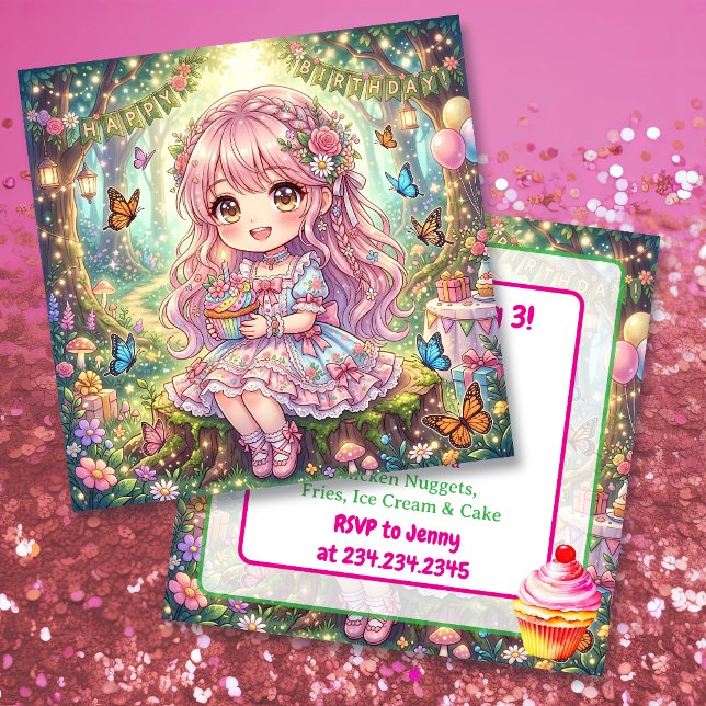 Invitation Fête d'anniversaire de fille Chibi rose avec cupca (Créateur téléchargé)