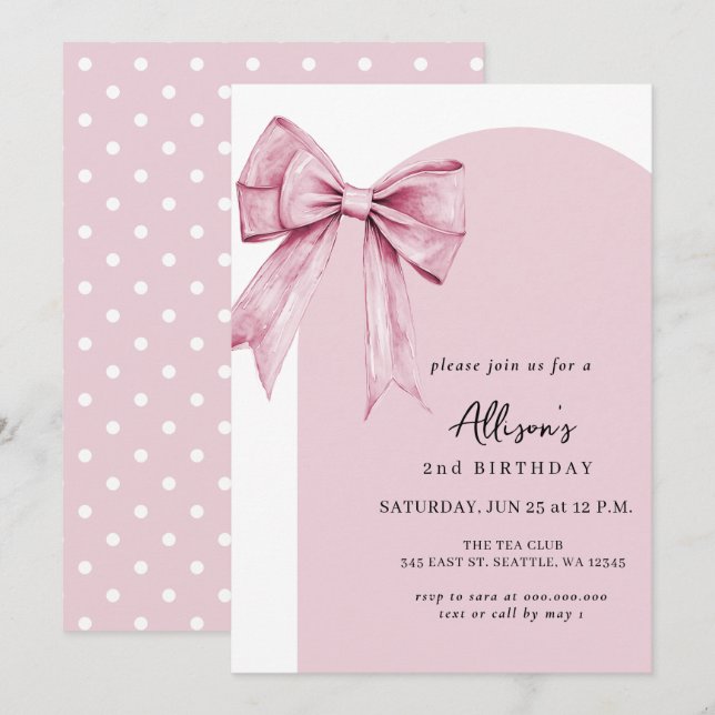 Invitation Fête d'anniversaire de fille coquette à ruban rose (Devant / Derrière)