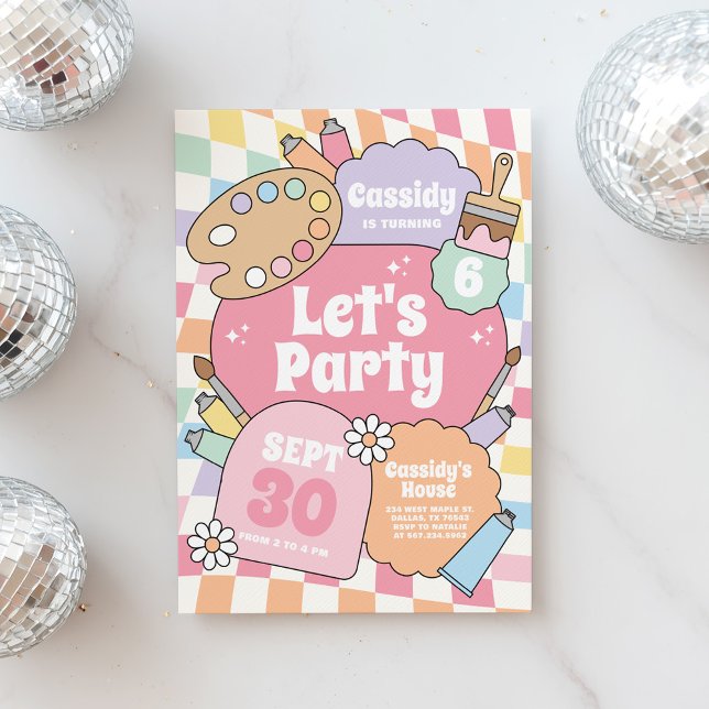 Invitation Fête d'anniversaire de fille d'art rétro groovy (Créateur téléchargé)