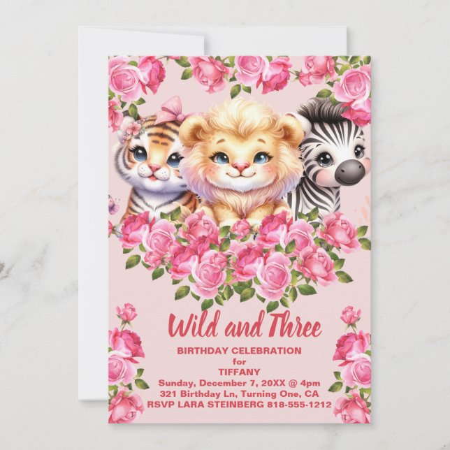 Invitation Fête d'anniversaire de fille de 3 ans et rose sauv (Devant)