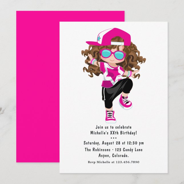Invitation Fête d'anniversaire de fille de hip hop rap Cool (Devant / Derrière)