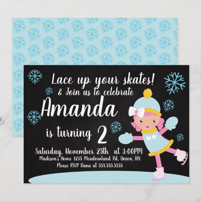 Invitation Fête d'anniversaire de fille de patinage sur glace (Devant / Derrière)