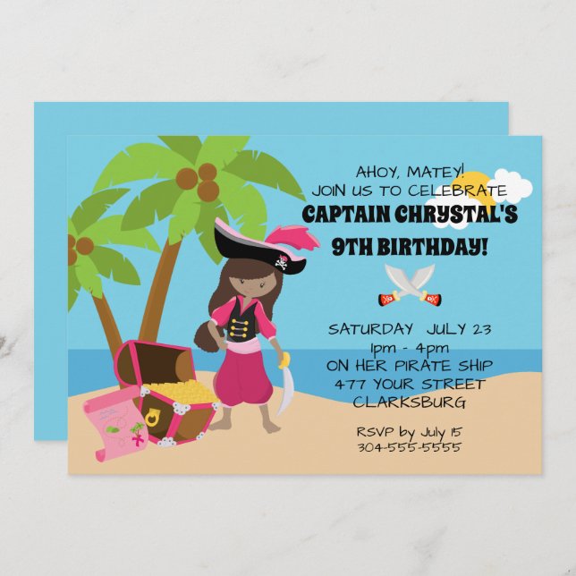 Invitation Fête d'anniversaire de fille de pirate (Devant / Derrière)