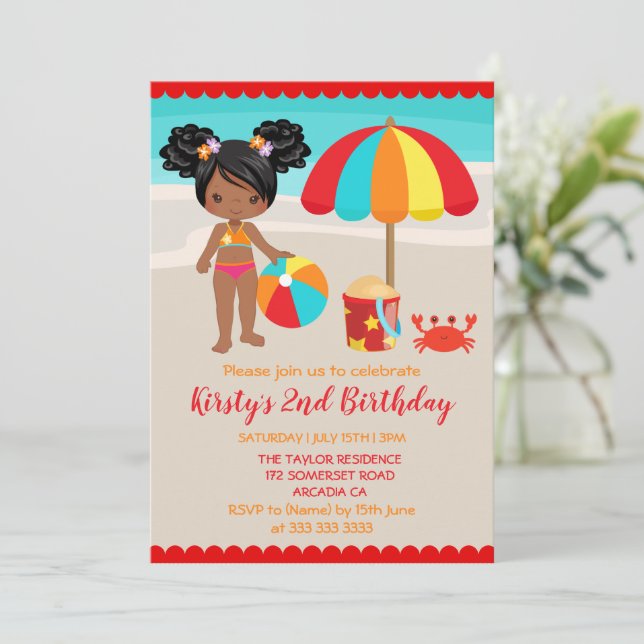 Invitation Fête d'anniversaire de fille de plage d'été mignon (Debout devant)
