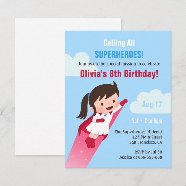 Invitation Fête d'anniversaire de fille de super-héros volant (Devant / Derrière)