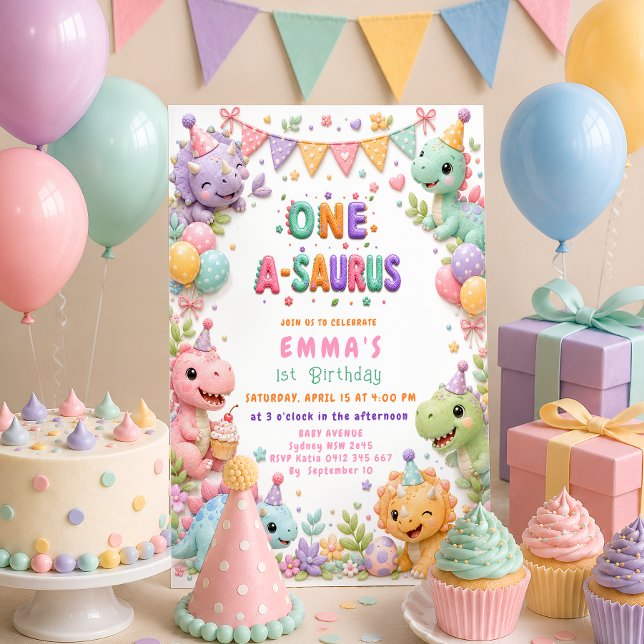 Invitation Fête d'anniversaire de Fille Dinosaure One-A-Sauru (Créateur téléchargé)