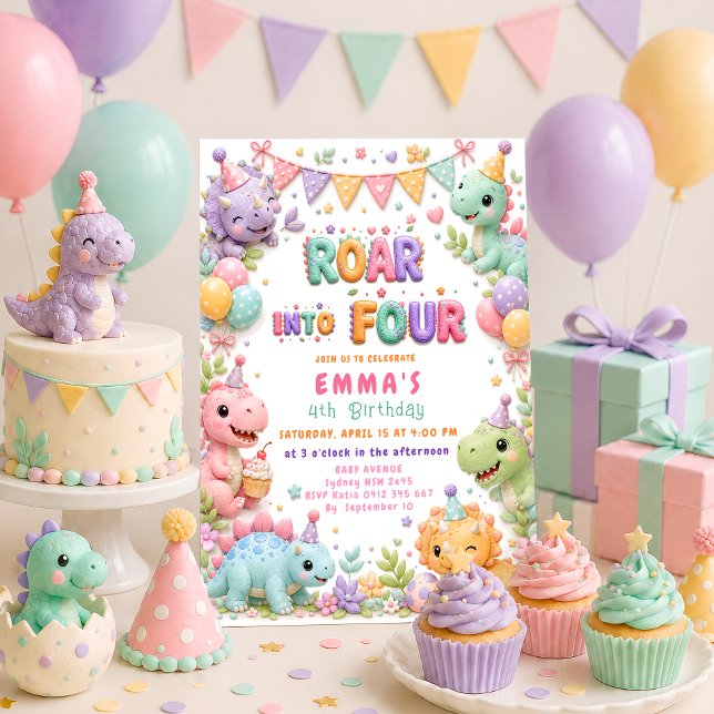 Invitation Fête d'anniversaire de fille dinosaure rugit dans  (Créateur téléchargé)