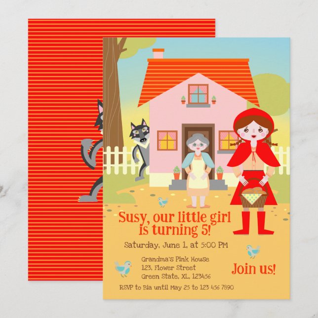 Invitation Fête d'anniversaire de fille du Petit Chaperon Rou (Devant / Derrière)