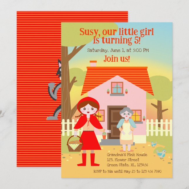 Invitation Fête d'anniversaire de fille du Petit Chaperon Rou (Devant / Derrière)
